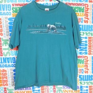 Vintage Alaska Grizzly Bear Graphic T Shirt Size XL Blue Green Outdoors Forest